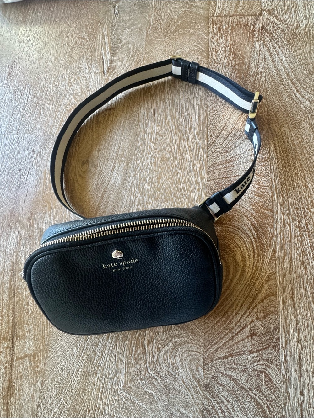 kate spade Black Pebbled Leather Crossbody Belt Bag with Striped Strap